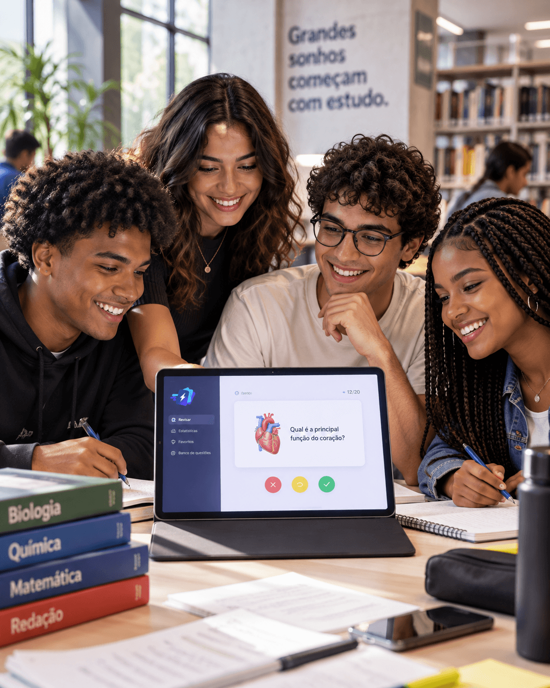 Grupo de estudantes reunido em torno de um tablet na biblioteca